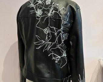 Custom Hand-Painted Floral Leather Jacket, Bridal Wearable Art, Personalized Wedding Biker Coat
