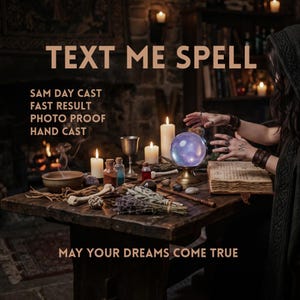 Puede incluir: Una mesa de madera con una bola de cristal violeta brillante sobre un soporte dorado, un libro abierto, velas, frascos de vidrio, una copa de metal, hierbas secas y huesos. Texto: TEXT ME SPELL, SAM DAY CAST, FAST RESULT, PHOTO PROOF, HAND CAST, MAY YOUR DREAMS COME TRUE.