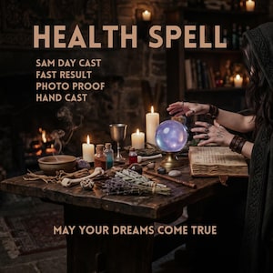 Könnte beinhalten: Ein Holztisch mit einer leuchtenden violetten Kristallkugel auf einem Messingständer, einem offenen Buch, Kerzen, kleinen Glasflaschen, getrockneten Kräutern und einer rauchenden Schale. Text: HEALTH SPELL, SAM DAY CAST, FAST RESULT, PHOTO PROOF, HAND CAST, MAY YOUR DREAMS COME TRUE.