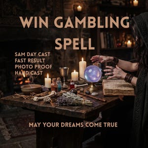 Puede incluir: Una mesa de madera con una bola de cristal violeta brillante, un libro abierto, velas, un cáliz de metal, hierbas secas y frascos pequeños. Texto: WIN GAMBLING SPELL, SAM DAY CAST, FAST RESULT, PHOTO PROOF, HAND CAST, MAY YOUR DREAMS COME TRUE.