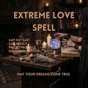 Pode incluir: Uma mesa de madeira com uma bola de cristal roxa brilhante num suporte dourado, um livro aberto, velas, pequenos frascos de vidro, ervas secas e um osso. O texto diz: EXTREME LOVE SPELL, SAM DAY CAST FAST RESULT PHOTO PROOF HAND CAST, MAY YOUR DREAMS COME TRUE.