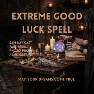 Puede incluir: Una mesa de madera con una bola de cristal violeta brillante sobre un soporte dorado, un libro abierto, velas, frascos de vidrio, hierbas secas y un cuenco. El texto dice: EXTREME GOOD LUCK SPELL, SAM DAY CAST, FAST RESULT, PHOTO PROOF, HAND CAST, MAY YOUR DREAMS COME TRUE.