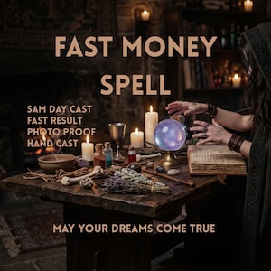 Puede incluir: Una mesa de madera con una bola de cristal violeta brillante, un libro abierto, velas, un cáliz de metal, frascos pequeños y hierbas secas. Texto: FAST MONEY SPELL, SAM DAY CAST, FAST RESULT, PHOTO PROOF, HAND CAST, MAY YOUR DREAMS COME TRUE.