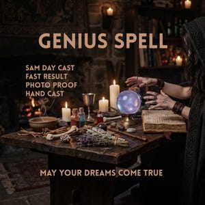 Può includere: Un tavolo in legno con una sfera di cristallo viola luminosa su un supporto dorato, un libro aperto, candele, boccette, erbe essiccate e ossa. Il testo recita: GENIUS SPELL, SAM DAY CAST, FAST RESULT, PHOTO PROOF, HAND CAST, MAY YOUR DREAMS COME TRUE.