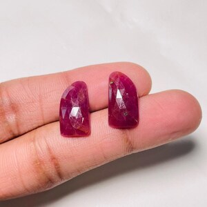 Può includere: Due gemme di rubino sfaccettate a forma di semicerchio con una profonda tonalità rosso magenta. Ogni pietra presenta un bordo piatto e dritto su un lato e un bordo arrotondato sull'altro, mostrando una superficie lucida a facce multiple.