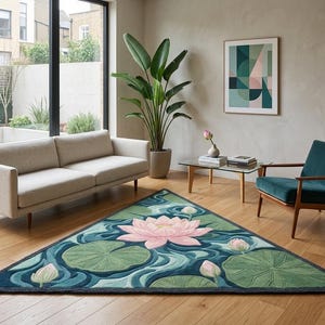 May include: A triangular area rug featuring a large pink lotus flower at the center, surrounded by green lily pads and swirling dark blue water patterns. The rug has a dark border and is placed on a light-colored wooden floor in a room.