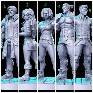 Puede incluir: Cinco figuras en miniatura de color gris sobre bases con textura de piedra, numeradas del uno al cinco. Las figuras representan varios personajes con diferentes atuendos, incluyendo chaquetas, camisas y pantalones, con rasgos faciales detallados.
