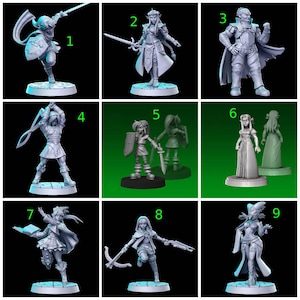 Peut inclure: Une collection de neuf figurines miniatures fantastiques grises numérotées de un à neuf, représentant divers personnages dans des poses dynamiques avec épées, boucliers, livres et arbalètes, chacune sur une base circulaire texturée.
