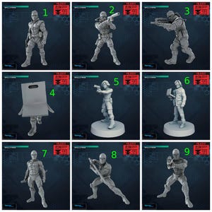 May include: A collection of nine grey resin miniature figures featuring various tactical characters in combat poses, including soldiers with firearms, a figure holding a laptop, and masked warriors with swords, all displayed on a digital interface background.