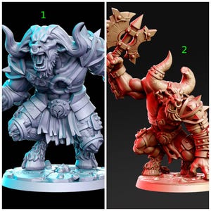 Può includere: Due statuette di minotauro etichettate 1 e 2. La figura 1 è azzurra, la figura 2 è bruno-rossastra. Entrambe presentano corpi umanoidi muscolosi con teste di toro, corna, anelli al naso e armature chiodate. La figura 2 impugna un'ascia da battaglia.