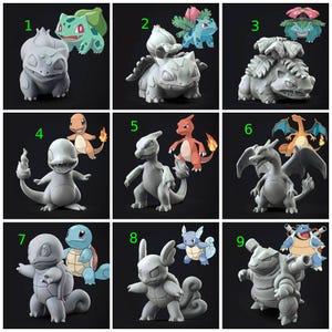 May include: A collection of nine grey monochromatic 3D-printed figurines depicting various stages of evolution for three distinct creatures. Each numbered square displays a grey model alongside a small, colourful reference illustration of the character.