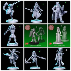 Può includere: Una collezione di nove miniature in resina grigia non dipinta che raffigurano vari personaggi fantasy in pose dinamiche, tra cui guerrieri con spade, scudi, balestre e libri magici, ciascuno montato su una base circolare effetto pietra.