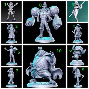 Può includere: Una collezione di dieci statuette di personaggi in resina grigia della serie One Piece, numerate da uno a dieci, che ritraggono vari individui in pose dinamiche, ciascuno su una base circolare, su uno sfondo nero uniforme.