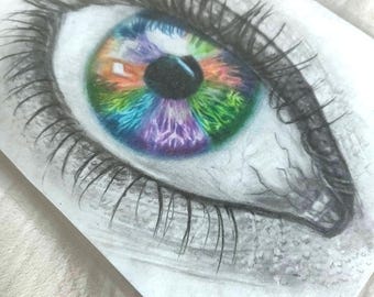 ORIGINAL Rainbow Iris Original Drawing: Mixed Media Art (5" x 7") signed by artist