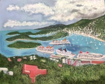 Dibujo al pastel ORIGINAL de Charlotte Amalie: Paisaje de las Islas Vírgenes Estadounidenses (40,6 x 50,8 cm)
