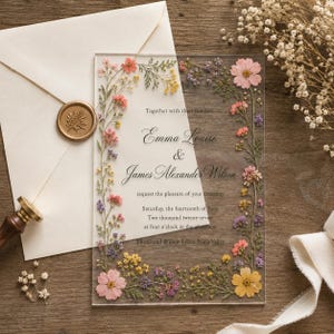 May include: A clear acrylic wedding invitation featuring pressed pink, yellow, and purple wildflowers along the edges. The text reads: Together with their families Emma Louise & James Alexander Wilson request the pleasure of your company Saturday, the fourteenth of June Two thousand twenty-seven at four o'clock in the afternoon The Grand Willow Estate, Napa Valley. An off-white envelope with a gold wax seal is included.