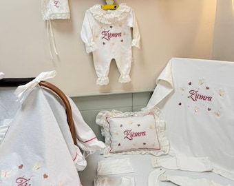 Gepersonaliseerde babyziekenhuisoutfitset, geborduurde katoenen coming-homekleding, gepersonaliseerd cadeau voor pasgeborene