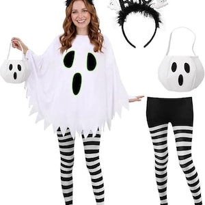 May include: A white ghost poncho with a black and green face print, black and white striped leggings, a black headband with the text BOO and ghost and bat accents, and a white ghost-shaped treat bag with a black face print.