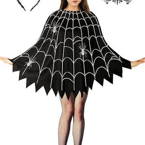 May include: A black cape featuring a white spiderweb pattern and small white spider accents, paired with black fishnet stockings, a black lace eye mask, and a black headband topped with a spiderweb and a red-accented spider ornament.
