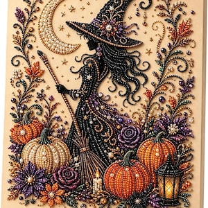 May include: A diamond painting kit featuring a witch in a black dress and hat holding a broomstick, surrounded by orange pumpkins, purple flowers, a crescent moon, and a lantern. The design is embellished with colorful beads on a beige canvas.