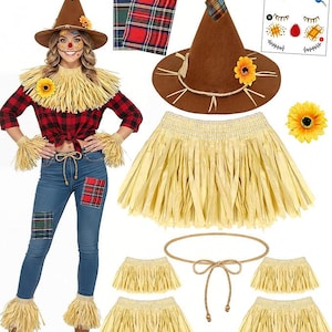May include: A scarecrow costume set including a brown felt hat with a sunflower, a straw-like collar, wrist cuffs, and ankle cuffs. The set features a raffia-style skirt, a rope belt, plaid fabric patches, and a sheet of temporary face tattoos.