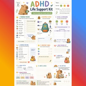 May include: An ADHD Life Support Kit planner sheet featuring a capybara illustration. The layout includes sections for morning missions, backpack checks, homework, evening routines, energy meters, and reward trackers with text in English throughout.