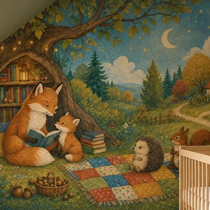 May include: A nursery room featuring a large wall mural of a forest scene with foxes reading books under a tree, a wooden crib, a rocking chair, a round jute rug, and a dresser. The mural depicts a colorful landscape with a cottage and animals.