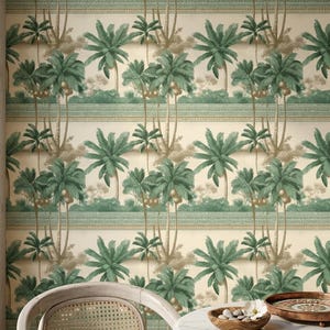 May include: Wallpaper featuring a repeating pattern of green palm trees and tropical foliage against a cream background, separated by horizontal bands with a decorative geometric border. The design includes clusters of round fruit on the trees.