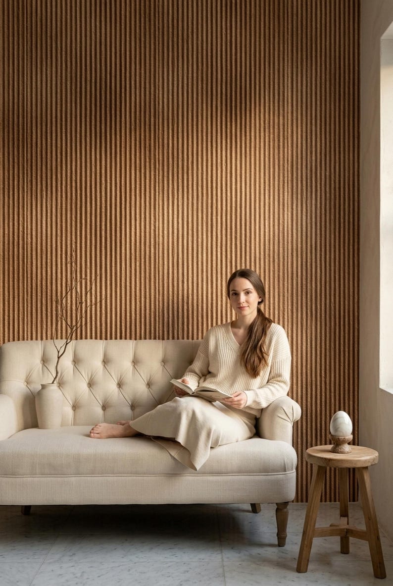 May include: A cream-colored tufted sofa with a matching sweater and skirt, a beige vase with a bare branch, and a small wooden stool holding a smooth white stone egg, all set against a vertical ribbed brown wall paneling background.