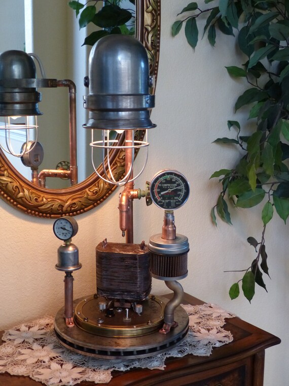 Steampunk'd, Lamp Art, Gauges, Copper, Brass, Lamp, Edison