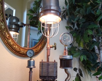 Steampunk'd, Lamp Art, Gauges, Copper, Brass, Lamp, Edison, Lighting, Gears, Rivets, Art, Victorian, MasterGreig - MG-324