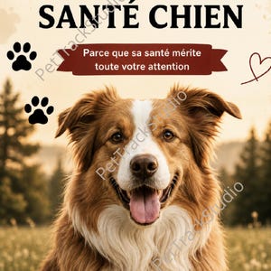 Puede incluir: Un diario de seguimiento de salud canina con un perro marrón y blanco con la lengua fuera. El texto dice CARNET DE SUIVI SANTÉ CHIEN y Parce que sa santé mérite toute votre attention. Incluye huellas de patas negras y un icono de corazón.