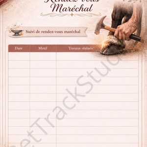 May include: A beige tracking sheet titled Rendez-vous Maréchal with a horse hoof and hammer illustration. It includes a section for Cheval, a header for Suivi de rendez-vous maréchal, and a table with columns for Date, Motif, and Travaux réalisés.
