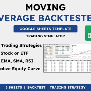 May include: A digital Google Sheets template for a Moving Average Backtester trading simulator. The graphic displays text features including Test Trading Strategies, Any Stock or ETF, Test EMA, SMA, RSI, and Visualize Equity Curve.