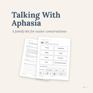 May include: A Talking With Aphasia family kit for easier conversations, featuring two white pages with black text. One page lists communication strategies, while the other is a food topic board with icons and words like Soup, Sandwich, and Eggs.