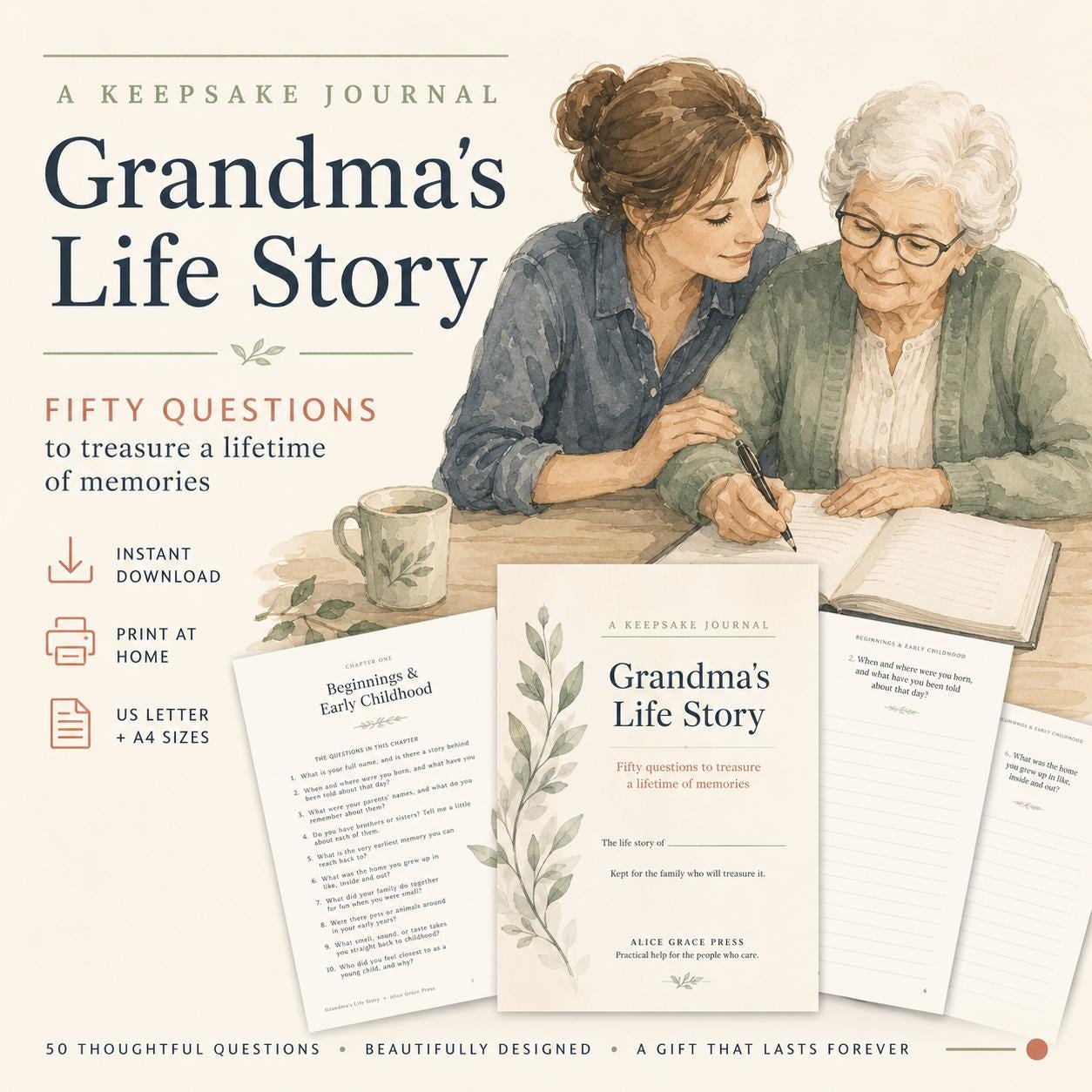 Grandma Interview Printable, Life Story Questions, Memory Journal Keepsake Kit (PDF Download)