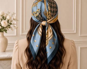 Pink Blue Beige Green Gold Ivory Floral Silk Scarf for Women, Luxury Square Satin Bandana, Hair Scarf, Neck Scarf, Head Wrap