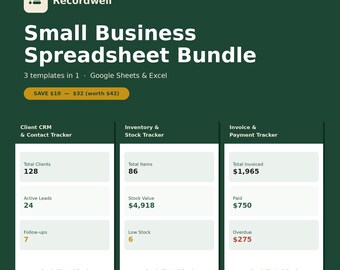 Paquete de hojas de cálculo para pequeñas empresas / CRM, inventario, seguimiento de facturas (Google Sheets, Excel)