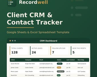 Hoja de cálculo CRM para pequeñas empresas, seguimiento de contactos de clientes (Google Sheets, Excel)