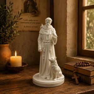 May include: A white statue of Saint Francis of Assisi standing on a circular base. The figure wears a hooded robe with a rope belt, holds a small bird in one hand, and has another bird on the shoulder. A dog sits at the feet of the figure.