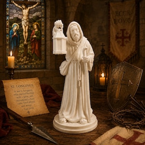 Könnte beinhalten: Eine weiß marmorierte Statue einer bärtigen Figur in einer Kapuzenrobe, die eine Laterne und einen Stab hält. Neben der Statue liegt eine Pergamentrolle mit dem Text 'ST. LONGINUS' und einem Vers aus Johannes 19,34 sowie eine Speerspitze.