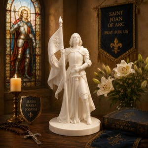 May include: A white marble-effect statue of Joan of Arc standing on a circular base, holding a tall flag with a cross emblem and a sword. The figure wears armour over a long gown. The statue is positioned among religious items including a candle.