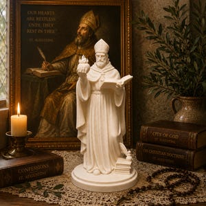 May include: A white statue of Saint Augustine standing on a circular base, holding a flaming heart in one hand and an open book in the other. The figure wears traditional bishop robes and a miter, with a small stack of books and a quill at the feet.
