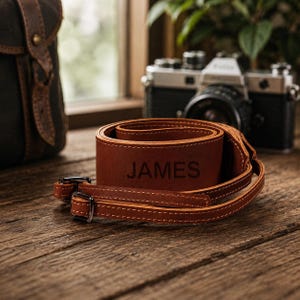 May include: A tan leather camera strap featuring the name JAMES embossed in the center. The strap includes adjustable sections with dark metal buckles and visible stitching along the edges, coiled to display the personalized text clearly.