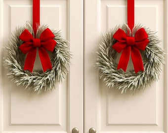 Mini Christmas Cabinet Snowy Rosemary Type Wreath, Farmhouse Pine Wreath, Red Bow