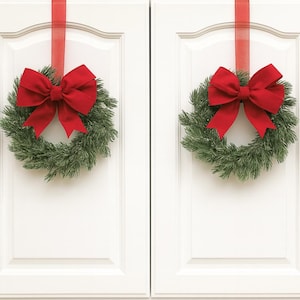 Mini Christmas Cabinet Wreath, One Farmhouse Pine Wreath, Red Bow,