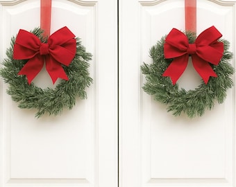 Mini Christmas Cabinet Wreath, Farmhouse Pine Wreath, Red Bow