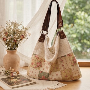 Floral Patchwork Tote Bag, Lace Shoulder Handbag, Cottagecore Everyday Purse, Brown Leather Strap Bag, Vintage Gift For Her