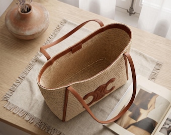 Raffia Tote Bag, Natural Woven Shoulder Purse, Tan Leather Trim Beach Shopper, Large Summer Market Bag, Boho Vacation Tote