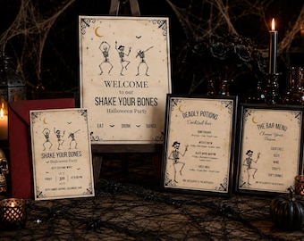Shake Your Bones Halloween Party Bundle | Welcome Sign, Bar Menu (Digital Download)